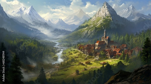 an elegant image of a mountain village surrounded by pine forests photo