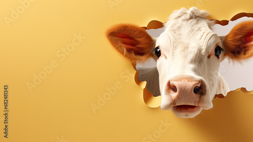generated  illustration  of cute cow peeking out of a hole in yellow wall, torn hole photo