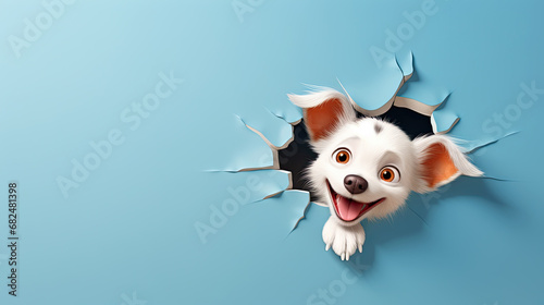 generated illustration of cute baby puppy peeking out of a hole in wall, torn hole, empty copy space.