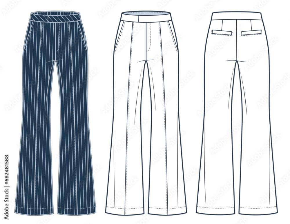 Striped Pants technical fashion illustration, striped pattern. Flared Pants fashion flat technical drawing template, flared bottom, front, back view, white, blue, women, men, unisex CAD mockup set.