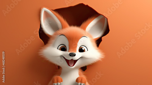 generated illustration of cute baby fox peeking out of a hole in wall, torn hole