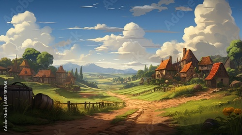 an elegant image of a farming village with winding dirt roads