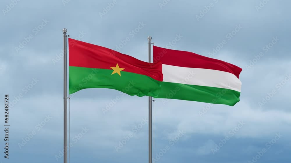 Hungary flag and Burkina Faso flag waving together on cloudy sky, endless seamless loop, two country relations concept Hungary flag and Burkina Faso flag waving together on cloudy sky, endless seamless loop, two country relations concept