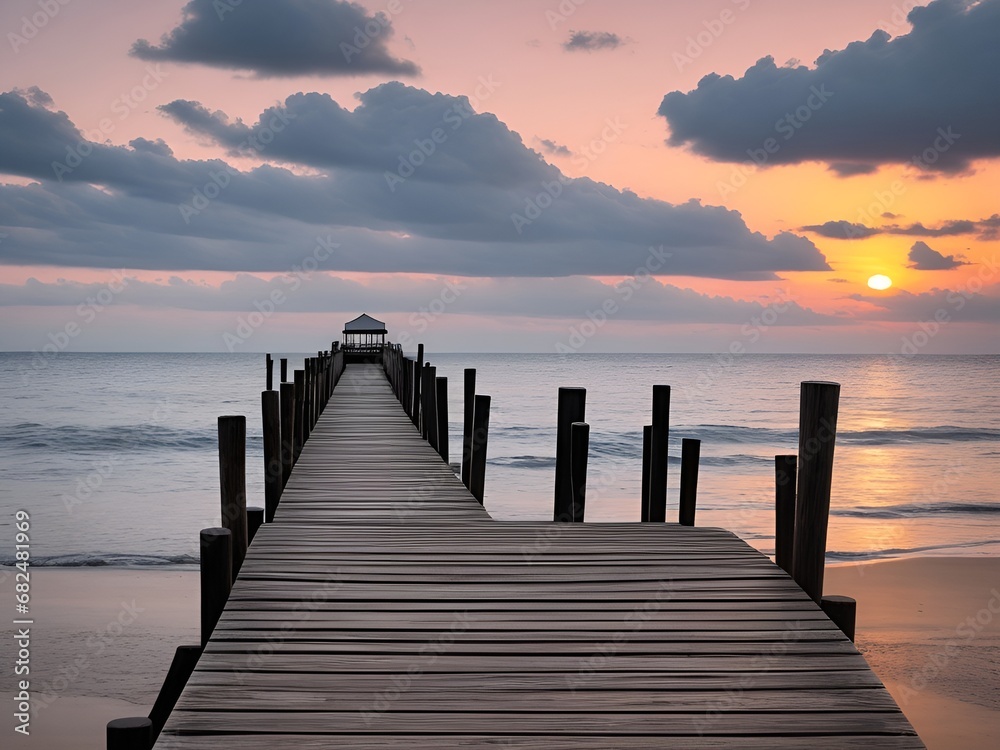 Obraz premium Wooden pier on the beach at beautiful sunset in the evening