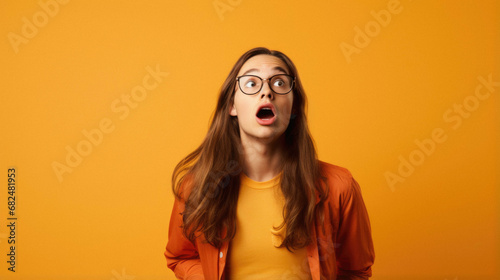 Surprised young girl in glasses looking at camera isolated on orange. © Synthetica