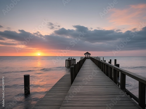 Wooden pier on the beach at beautiful sunset in the evening © Евгений Порохин