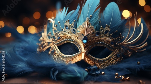 Realistic luxury carnival mask with blue feathers. Abstract blurred background © David