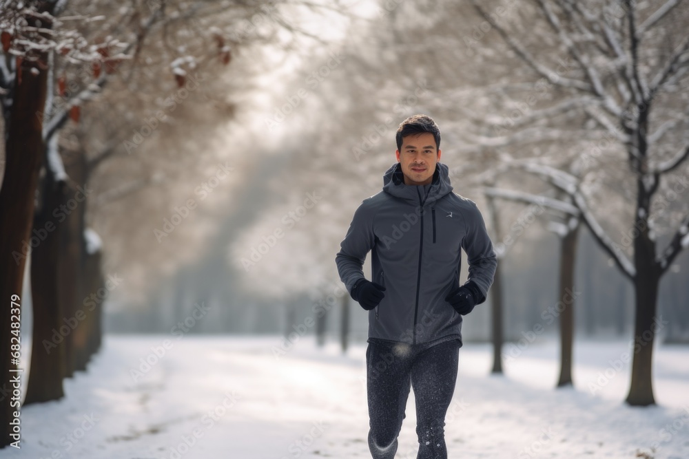 Healthy person running in public park in winter comeliness practicing fitness and strength
