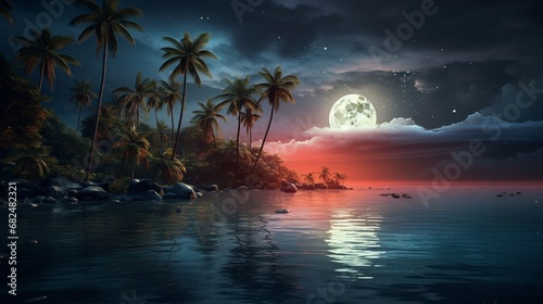 an elegant lakeside image featuring a tropical moonrise