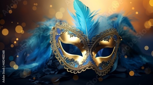 Realistic luxury carnival mask with blue feathers. Abstract blurred background