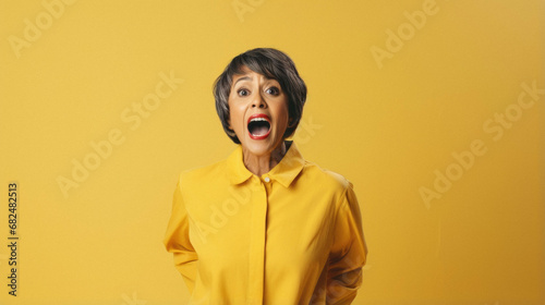 Excited senior woman in yellow dress. © Synthetica