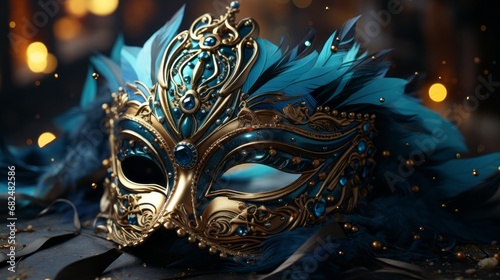 Realistic luxury carnival mask with blue feathers. Abstract blurred background © David
