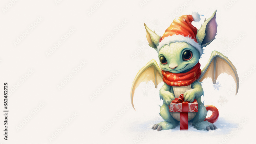 Illustration of baby dragon in a Christmas costume with red hat, holding gift with ribbon on white background