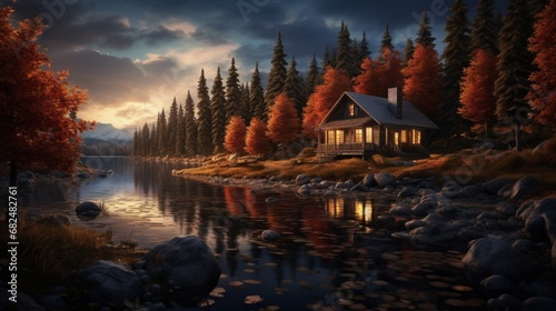 an elegant lakeside picture of a lakeside cabin © Wajid
