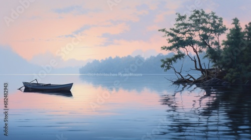an elegant lakeside scene with a lone rowboat on a calm morning