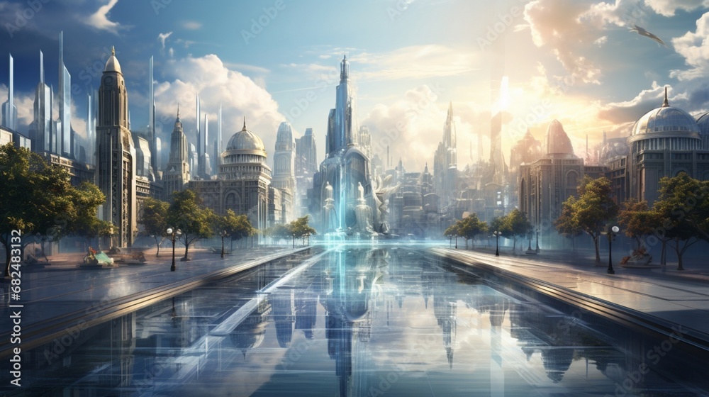 an elegant picture of a cityscape with a reflective fountain