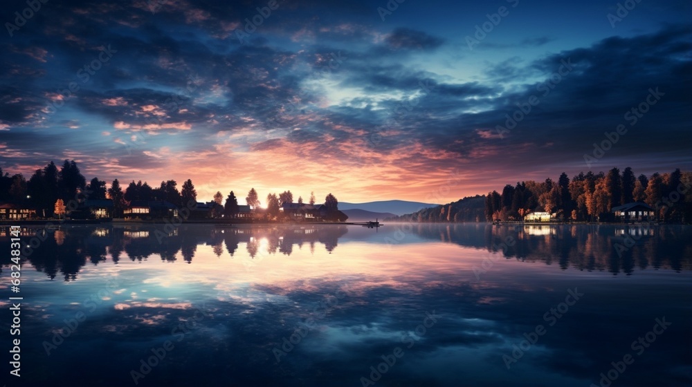 an elegant picture of a reflective man-made lake at twilight
