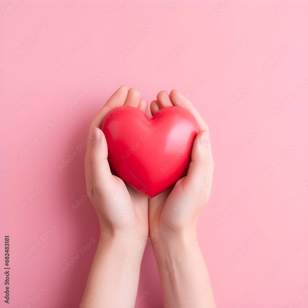 Fototapeta premium Woman holding red heart in hands on pink background, top view. concept of love nature, Save World, Earth day and Hands ecology environment