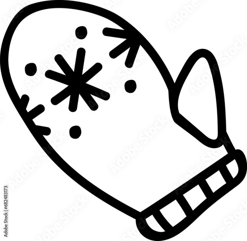 winter mittens in black and white doodle style, vector, with snowflakes, single isolated on white
