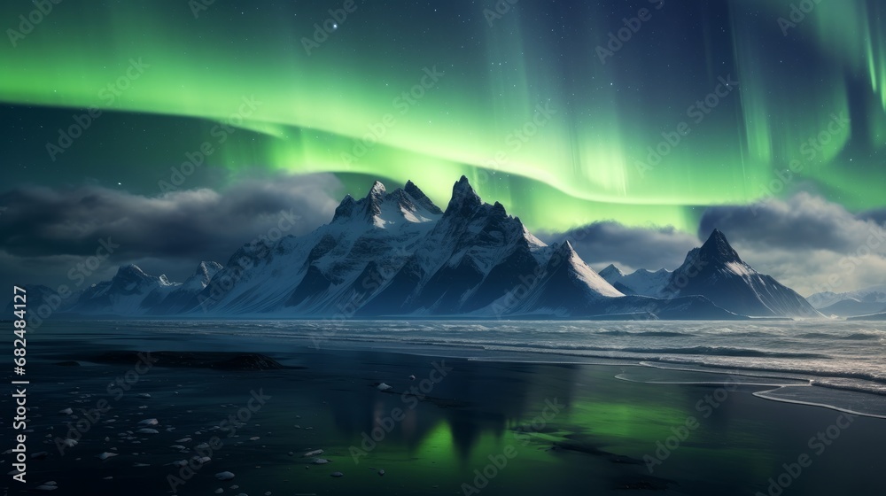 The mesmerizing Northern Lights, also known as the Aurora Borealis, illuminating the night sky with vibrant shades of green above the winter landscape of Lofoten Islands, Norway