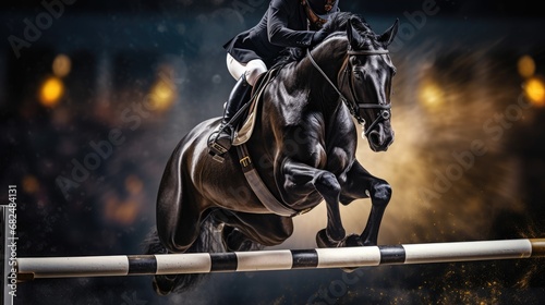 A regal black stallion performing a powerful leap over an obstacle in a show-jumping arena © MAY