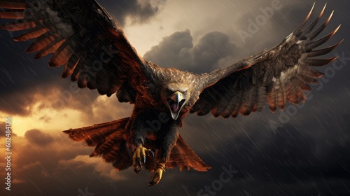 A raptor in mid-flight, wings outstretched against a dramatic stormy sky © MAY