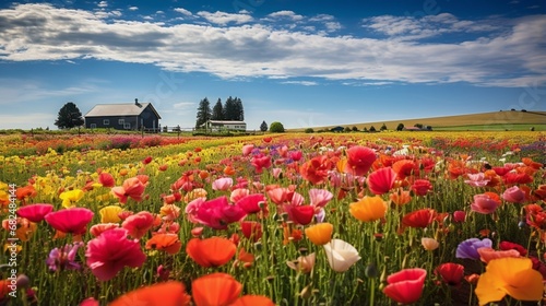 an image of an agricultural village with colorful wildflowers in bloom