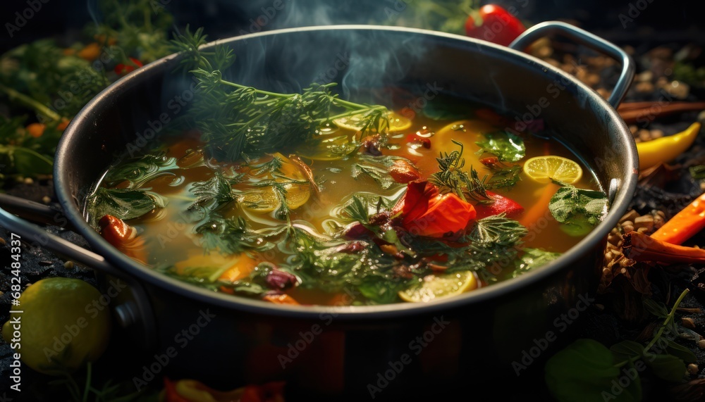 A Warm and Hearty Vegetable Soup Served in a Colorful Ceramic Pot on a Rustic Wooden Table A Warm and Hearty Vegetable Soup Served in a Colorful Ceramic Pot on a Rustic Wooden Table