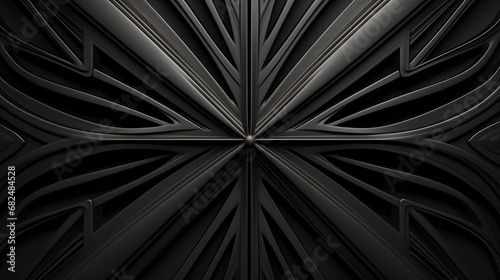 An abstract 3D graphic showcasing symmetrical repeating patterns in dark gray. The design comprises geometric shapes, lines, and shadows in a symmetrical layout photo