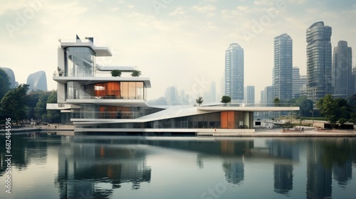 an image of an artificial lake surrounded by modern architecture