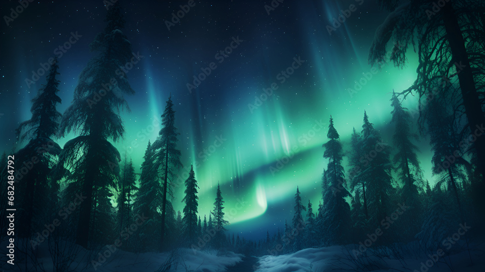 Picturesque northern lights over winter forest