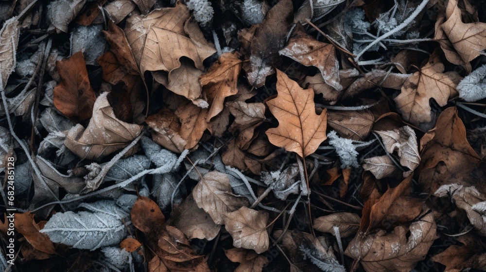 The tactile surface of leaves veiled in a blanket of snow and ice during a winter day. The tactile surface of leaves veiled in a blanket of snow and ice during a winter day.