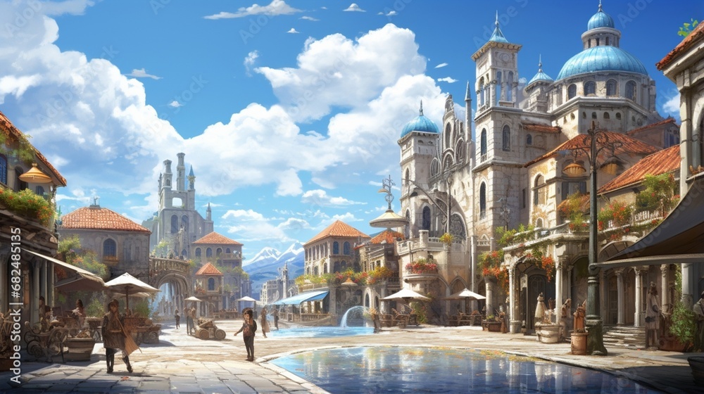 Obraz na płótnie an image of an elegant coastal village with a bustling town square w salonie