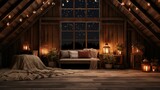 cozy mountain lodge, with a roaring fireplace, comfortable sofas, and guests enjoying hot cocoa after a day of skiing.