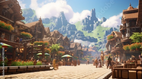 an image of an elegant mountain village with a bustling town square