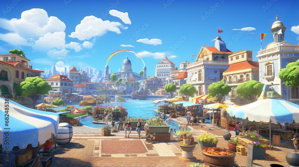 an image of a bustling Mediterranean market square with a lively seafood-themed fountain at its heart, surrounded by colorful market stalls