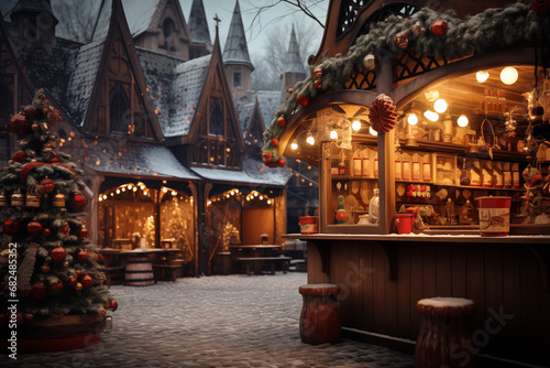 Christmas market with cute decorated stalls illuminated with festive lights on evening winter street. cozy atmosphere