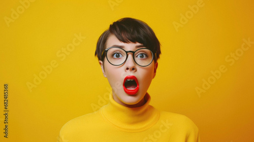 Surprised woman with eyeglasses looking at camera isolated on yellow. © Synthetica