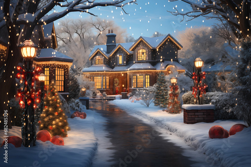 cute residential houses decorated with festive lights in snowy winter neighborhood. Christmas holiday season
