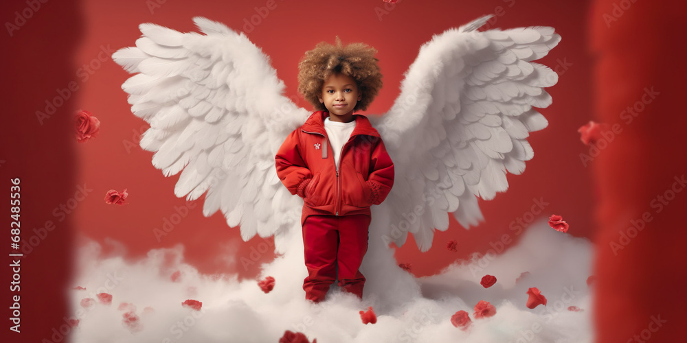 Young African American boy dressed in red and cupid wings Young African American boy dressed in red and cupid wings