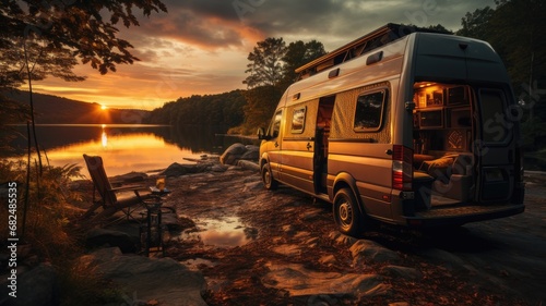 Scenic Sunset Road Trip. Van Traveling by the River for Adventure and Freedom in Nature