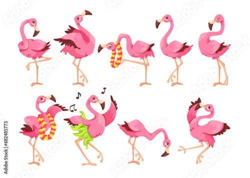 Pink Flamingo Character with Long Neck and Legs Vector Set