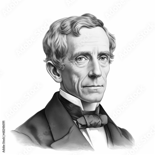 Black and white vintage engraving, headshot portrait of Samuel Morse, the famous American inventor, white background, greyscale - Generative AI