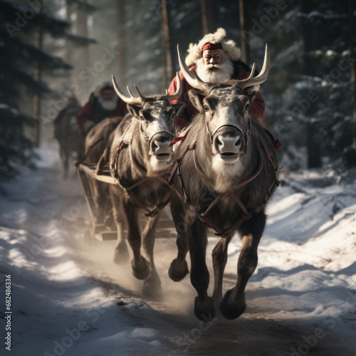 Santa Claus on a sled in the snowy forrest pushed by reindeers 