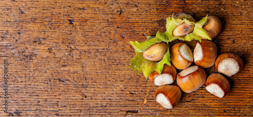hazelnuts on a wooden table