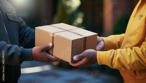 A close-up of a delivery man's hands delivering a package and a customer's hands picking it up at the front door.