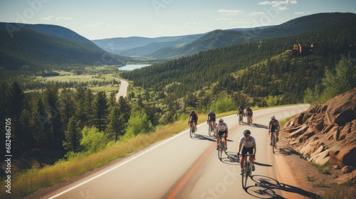 cyclists riding through a winding mountain road, with a beautiful scenic landscape