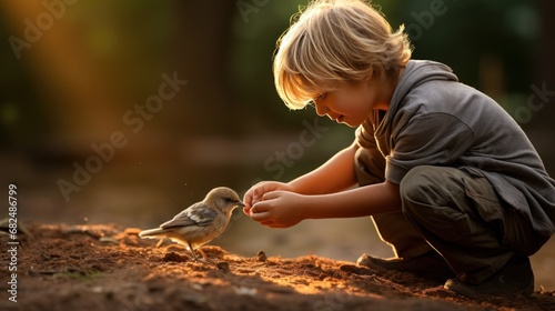 A heartwarming photo of a young boy feeding a baby bird with a dropper photo