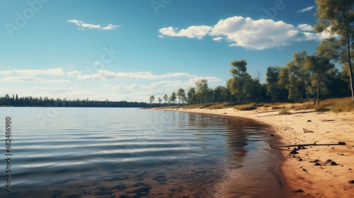 an image of a freshwater lake with a sandy beach