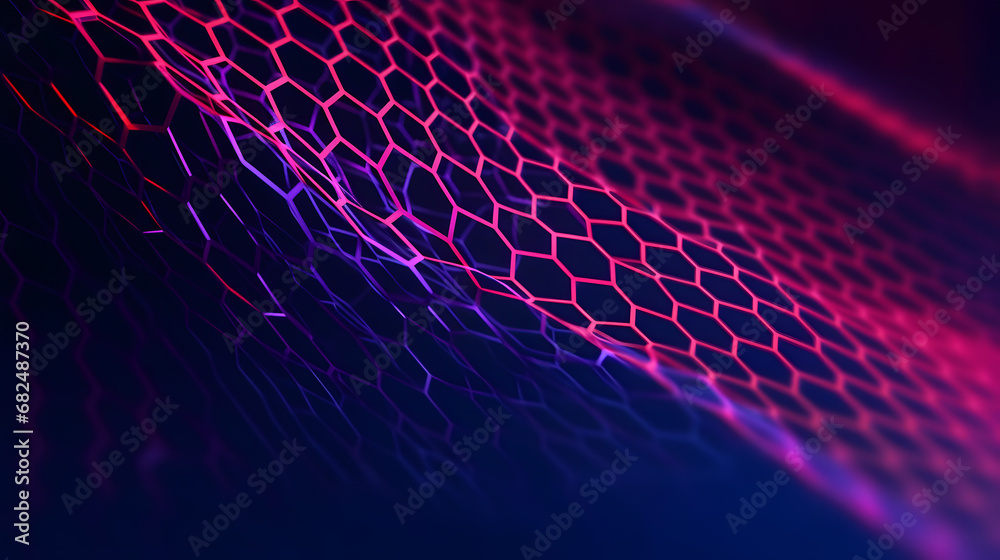 Abstract technology background with hexagons or honeycombs with red, pink and blue colors. Symbolizing a wave of data stream or blocks with information